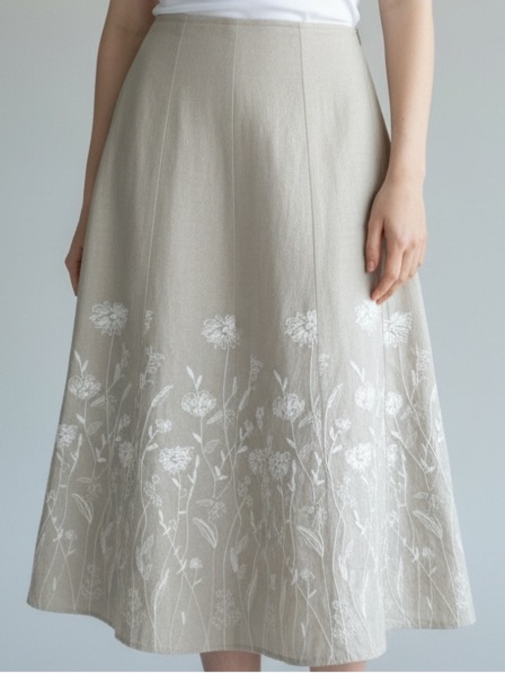 Christopher & Banks Linen Blend Embroidered Floral Midi Skirt Cottagecore Boho